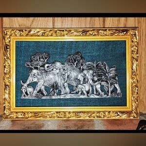 Pristine Thai-Style Foil Embossed Elephant Herd Family Wall Art